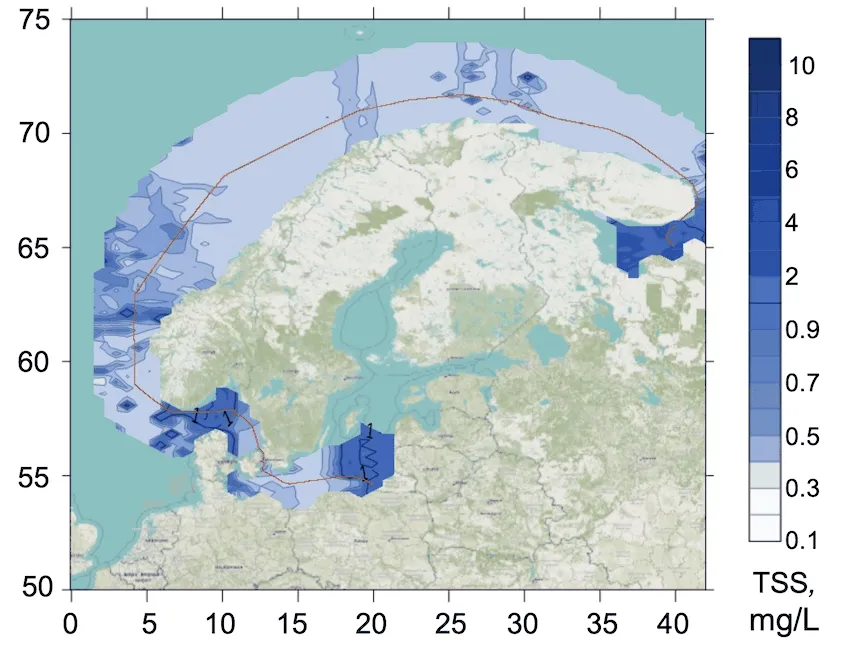 Interpolated total suspended solids field mapped along the lidar track, Baltic, North, Norwegian, Barents seas, Baltic leg