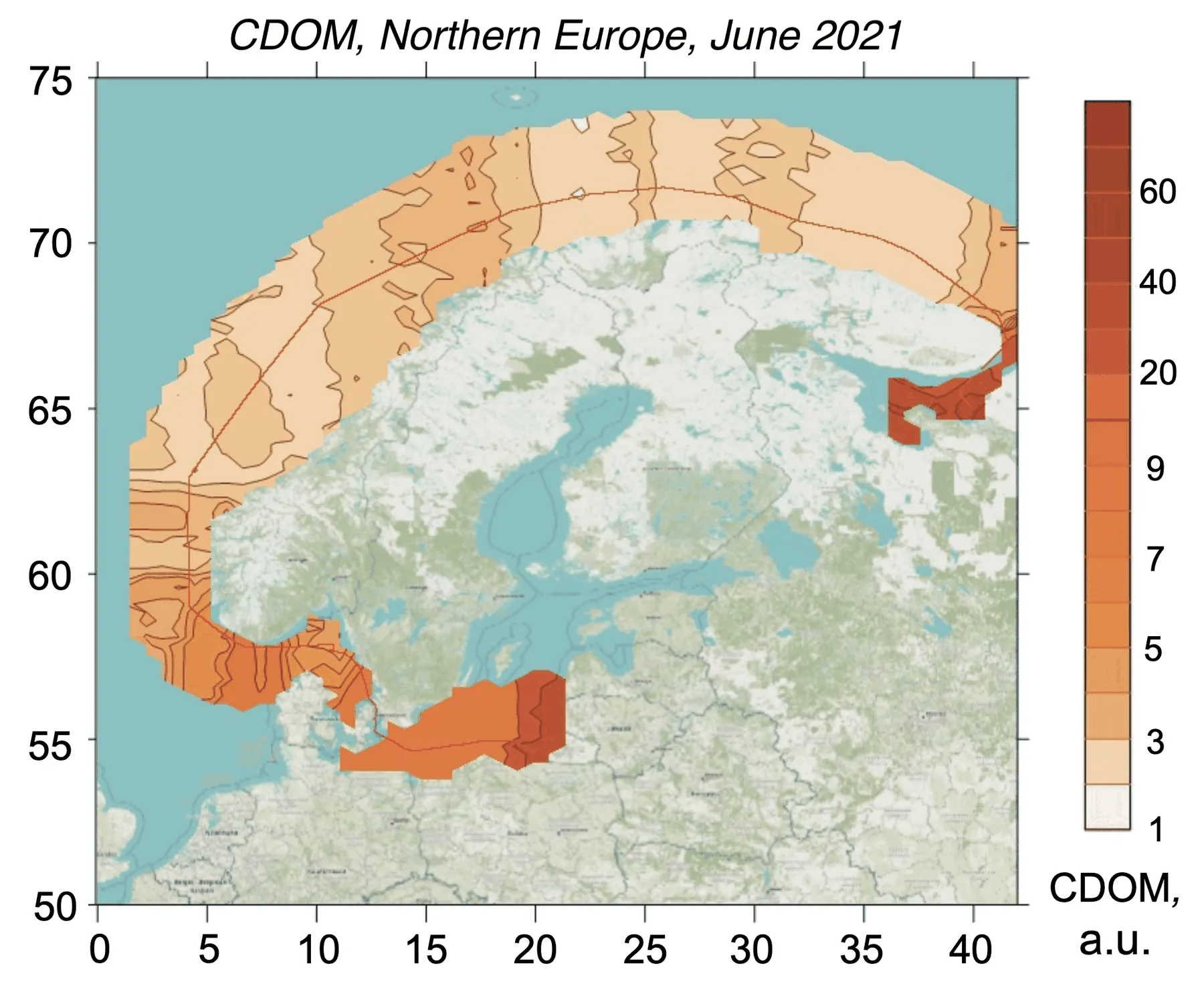 Interpolated CDOM field mapped along the lidar track, Baltic, North, Norwegian, Barents seas, Five-sea composite