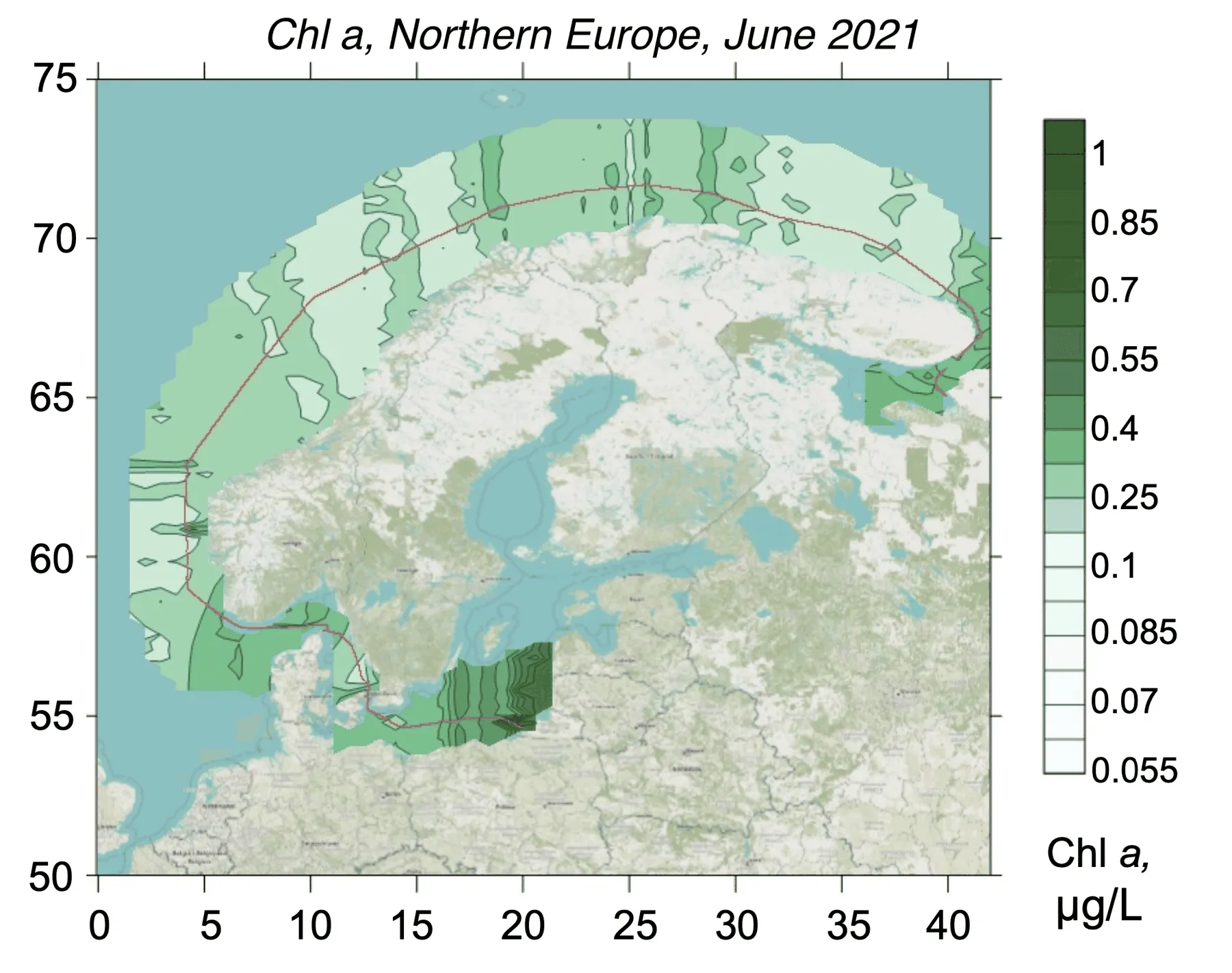 Interpolated chlorophyll a field mapped along the lidar track, Baltic, North, Norwegian, Barents seas, Five-sea composite