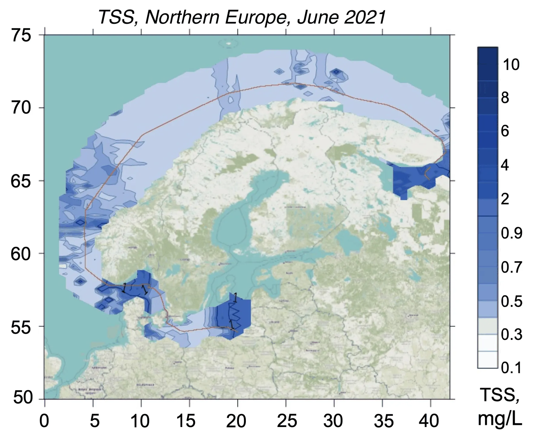Interpolated total suspended solids field mapped along the lidar track, Baltic, North, Norwegian, Barents seas, Five-sea composite