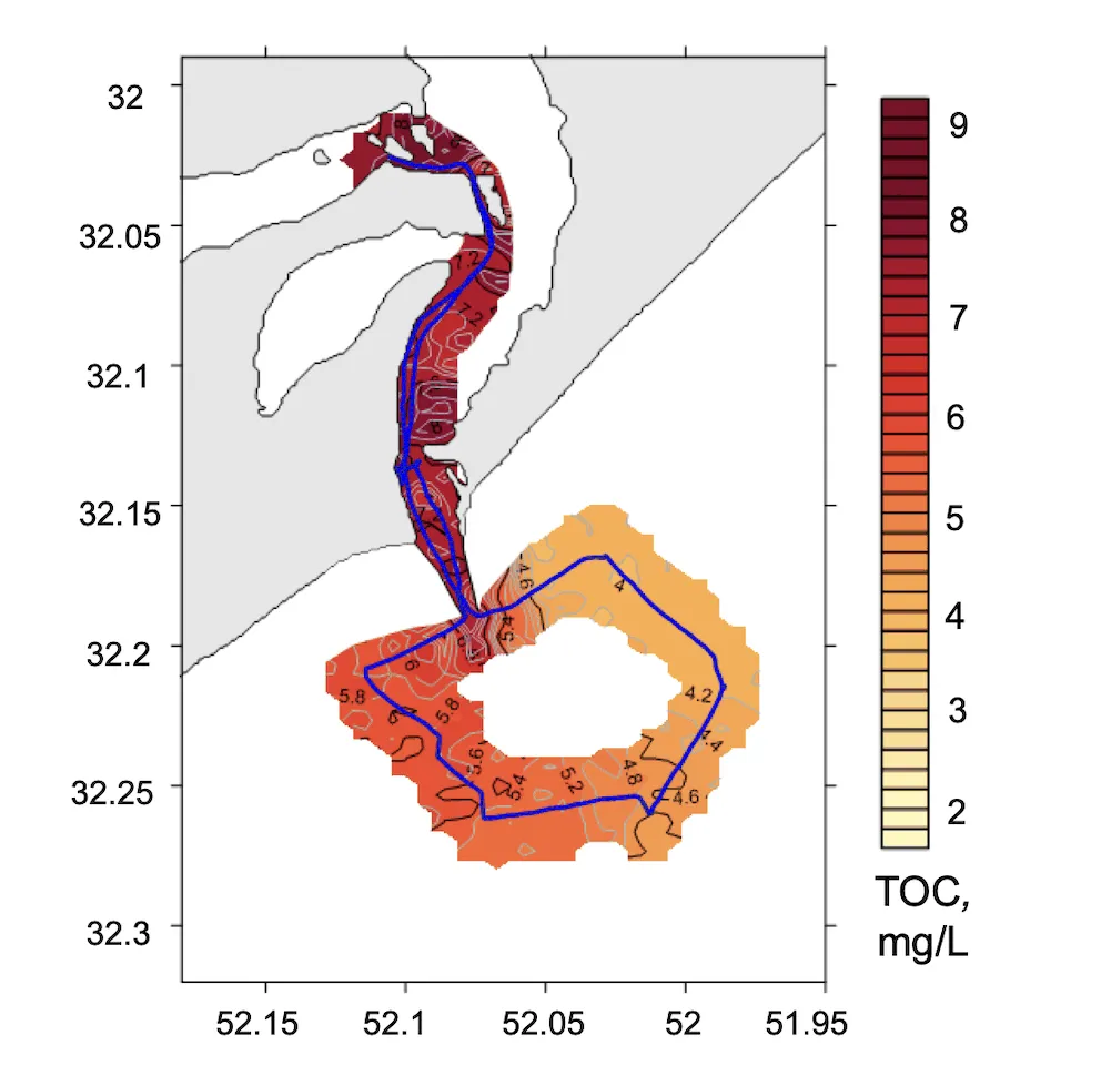 Interpolated total organic carbon field mapped along the lidar track, Patos Lagoon mouth, Brazil, 2016 campaign