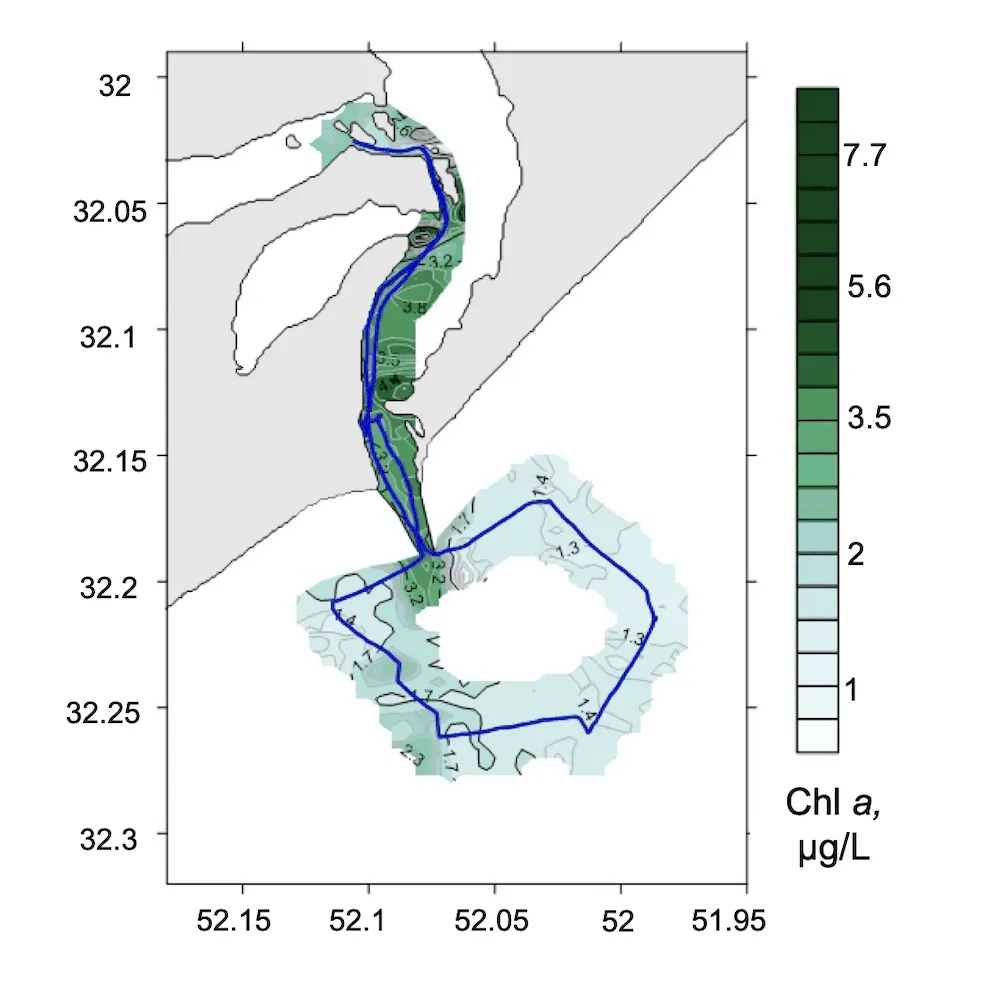 Interpolated chlorophyll a field mapped along the lidar track, Patos Lagoon mouth, Brazil, 2016 campaign