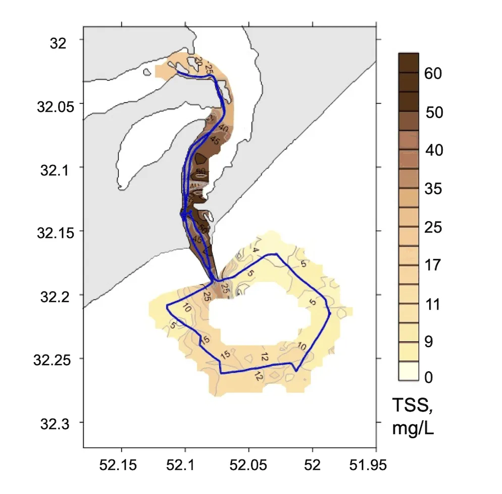 Interpolated total suspended solids field mapped along the lidar track, Patos Lagoon mouth, Brazil, 2016 campaign