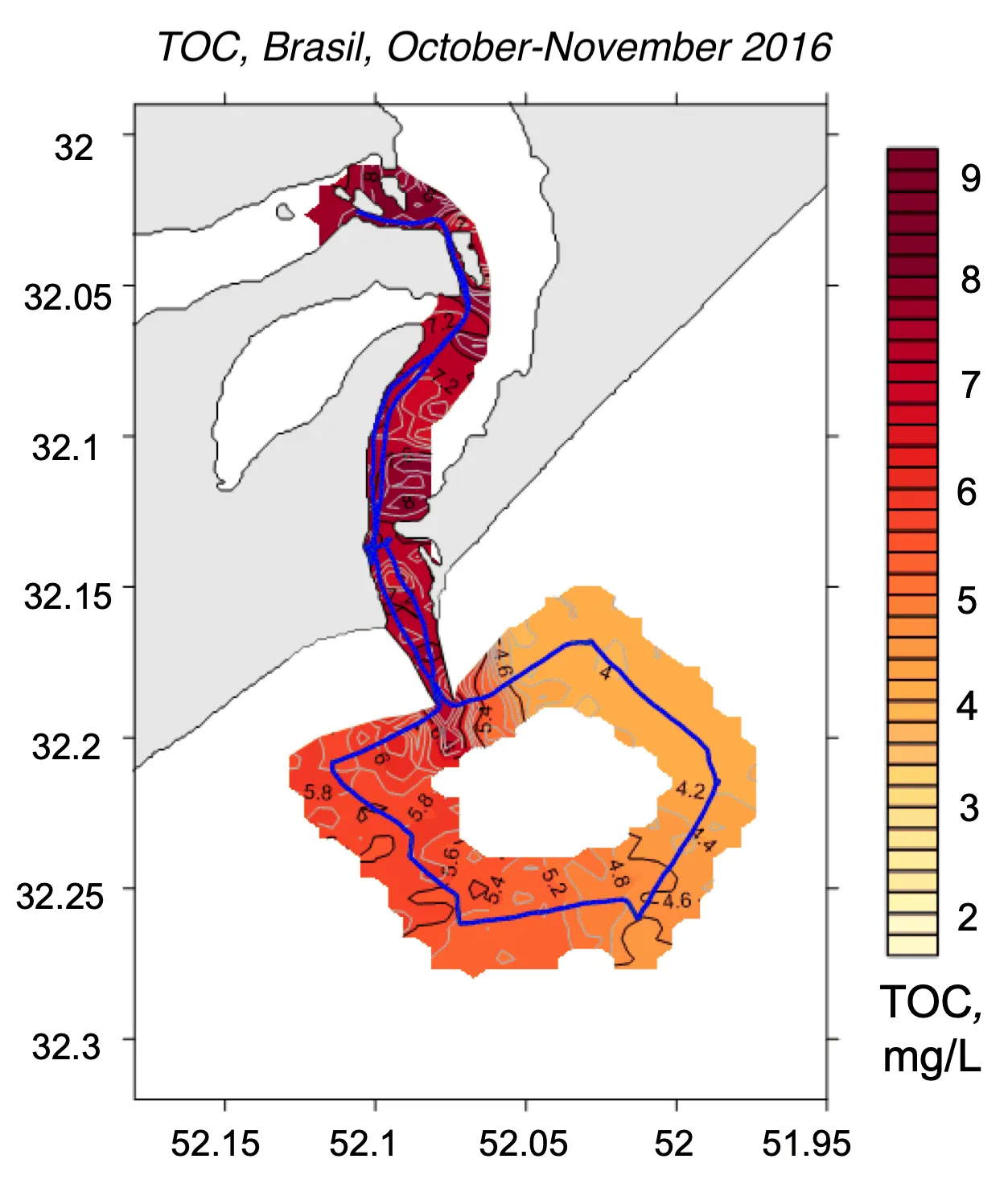Interpolated total organic carbon field mapped along the lidar track, Patos Lagoon mouth, Brazil, Plume composite