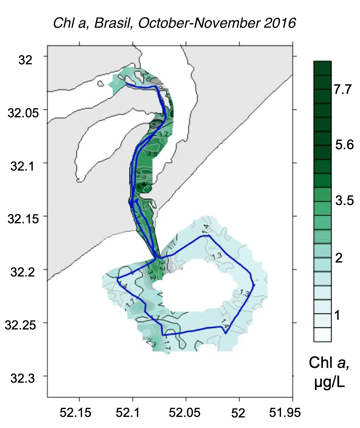 Interpolated chlorophyll a field mapped along the lidar track, Patos Lagoon mouth, Brazil, Plume composite