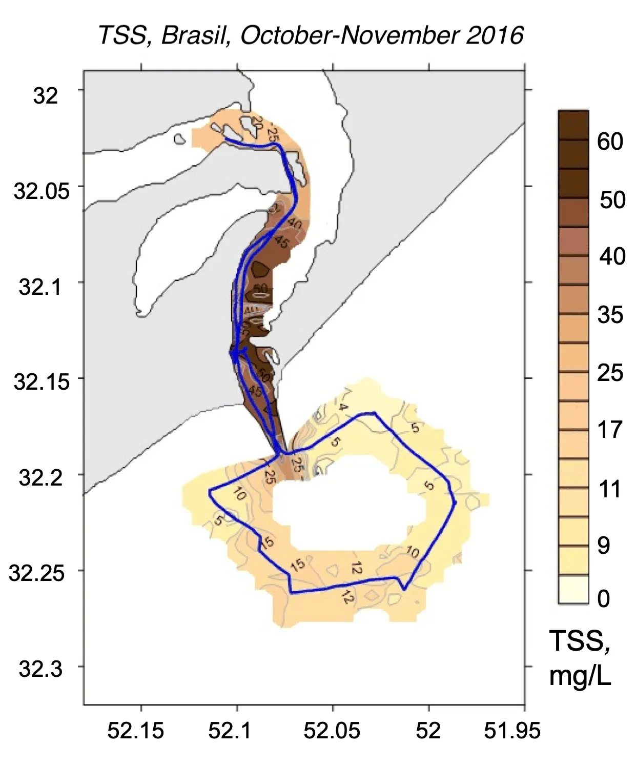 Interpolated total suspended solids field mapped along the lidar track, Patos Lagoon mouth, Brazil, Plume composite