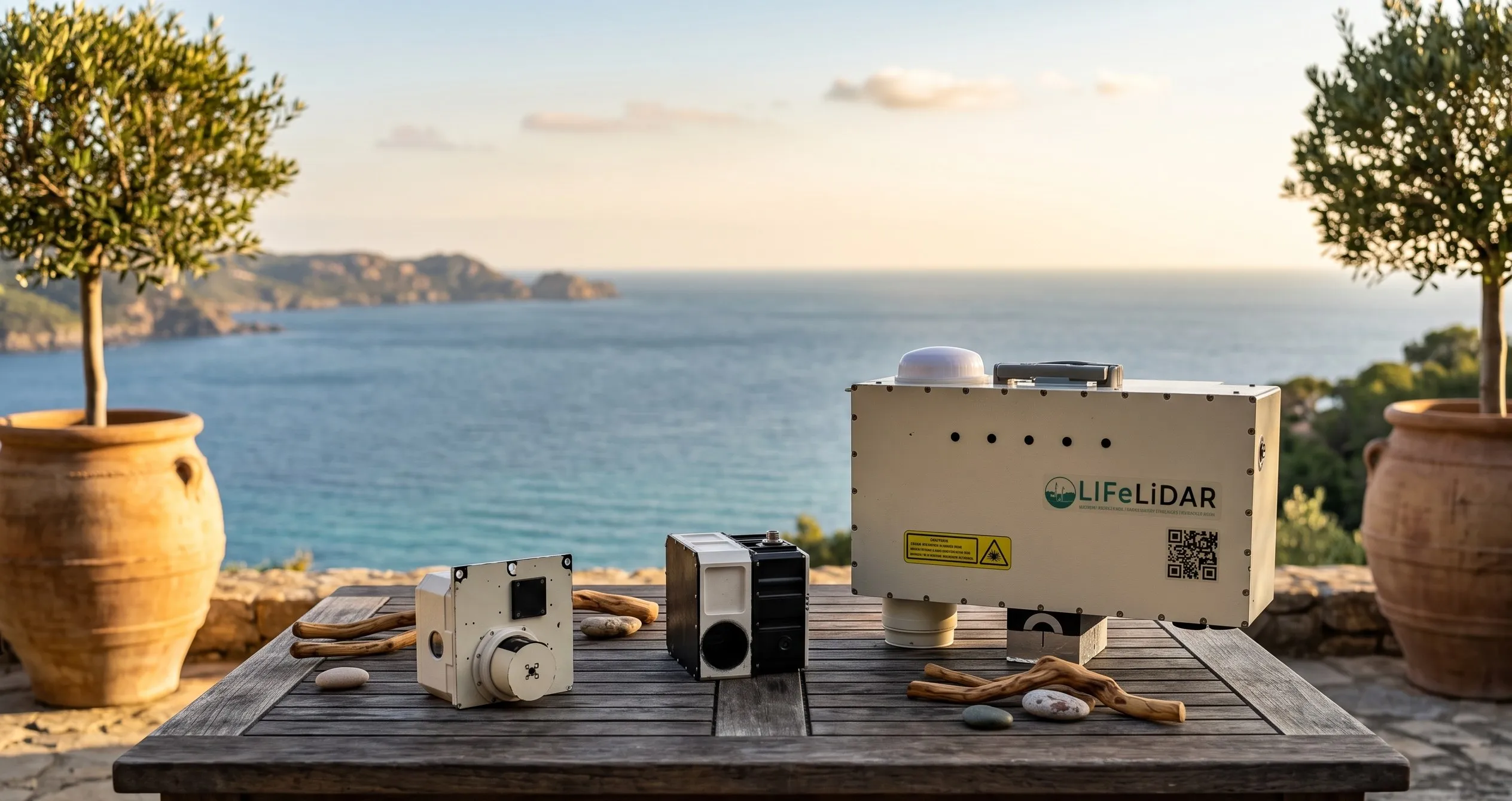 The LIFL-11, mFL-12, and mHR-2 instruments arranged on a table overlooking the Mediterranean