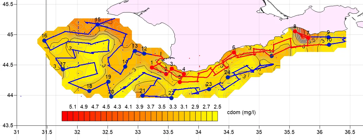 Interpolated CDOM field mapped along the lidar track, Sevastopol Bay, 2017 campaign