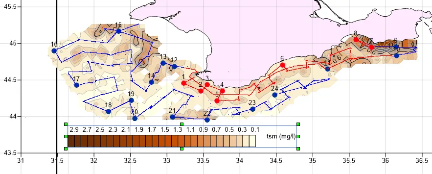 Interpolated total suspended matter field mapped along the lidar track, Sevastopol Bay, 2017 campaign