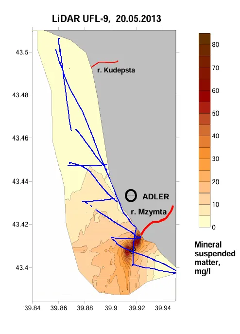 Interpolated mineral suspended matter field over repeat transects off Adler, reaching above 80 mg/L on the Mzymta mouth, Sochi shelf, 20 May 2013