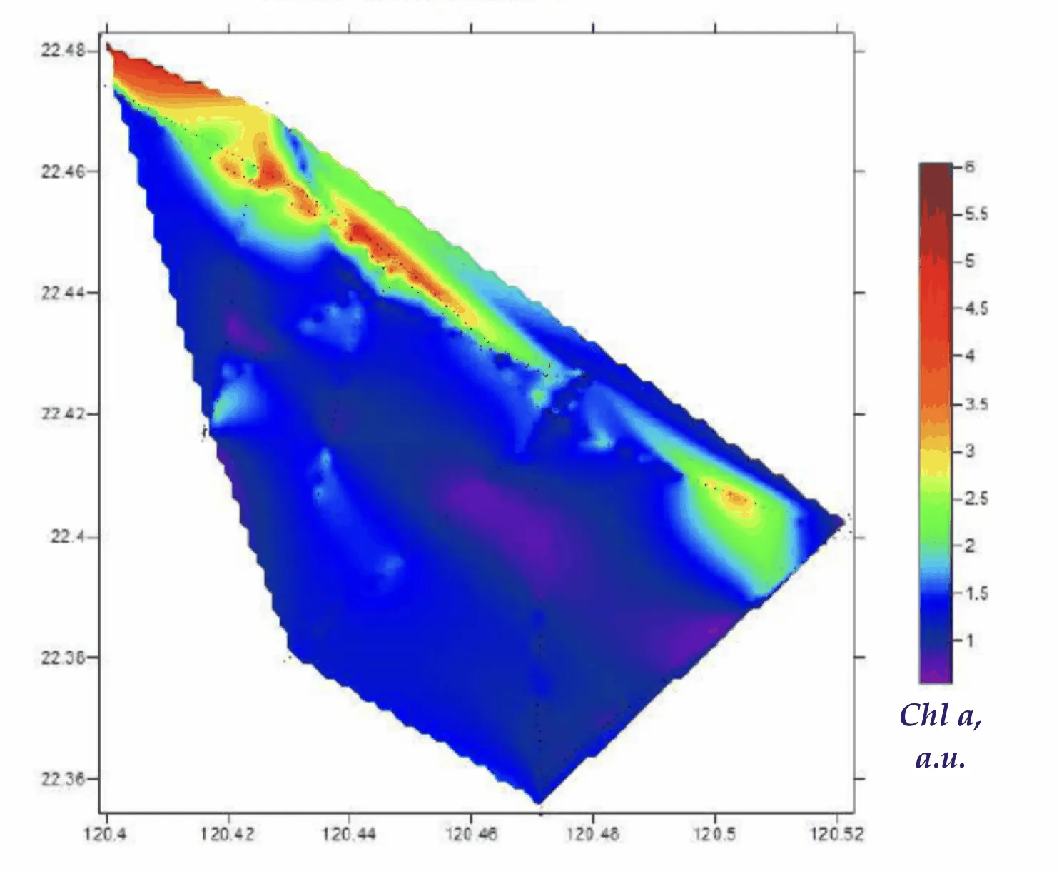 Interpolated chlorophyll a field mapped along the lidar track, Taiwan Strait, 2009 campaign