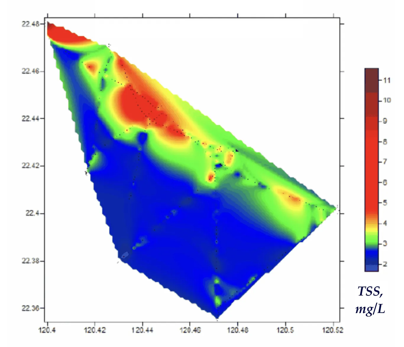 Interpolated total suspended solids field mapped along the lidar track, Taiwan Strait, 2009 campaign
